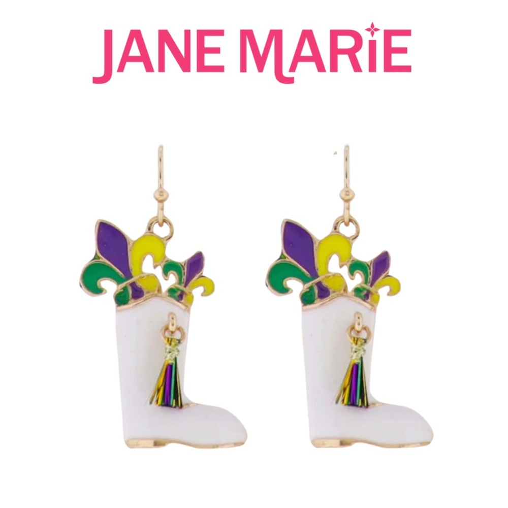Jane Marie Mardi Gras White Boot Fleur de Lis & Tassels Earrings- Good Times!